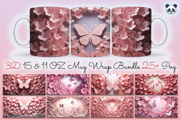 Pink Butterfly 3D Mug Wrap Bundle for Sublimation